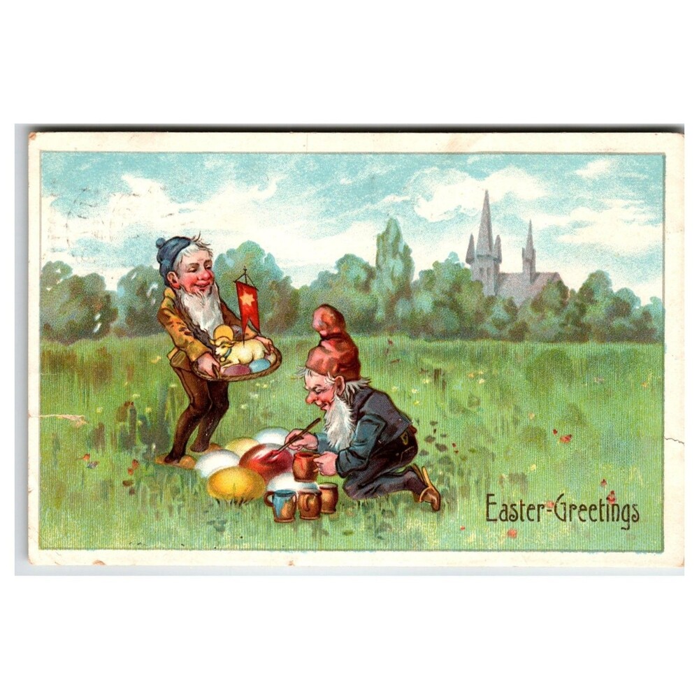 1908 Easter Gnomes Painting Eggs Postcard Waterloo Iowa Posted Antique Vintage
